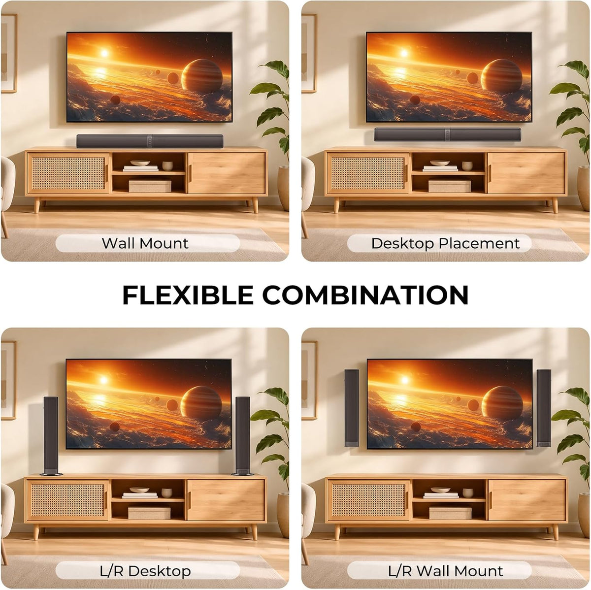 vibeadio Sound Bar for Smart TV, 2-in-1 Detachable Soundbar with Bluetooth ARC/AUX/Optical, 3 EQ Modes, Wall Mountable Home Theater Audio System for TV/PC/Gaming/Projectors & Gifts