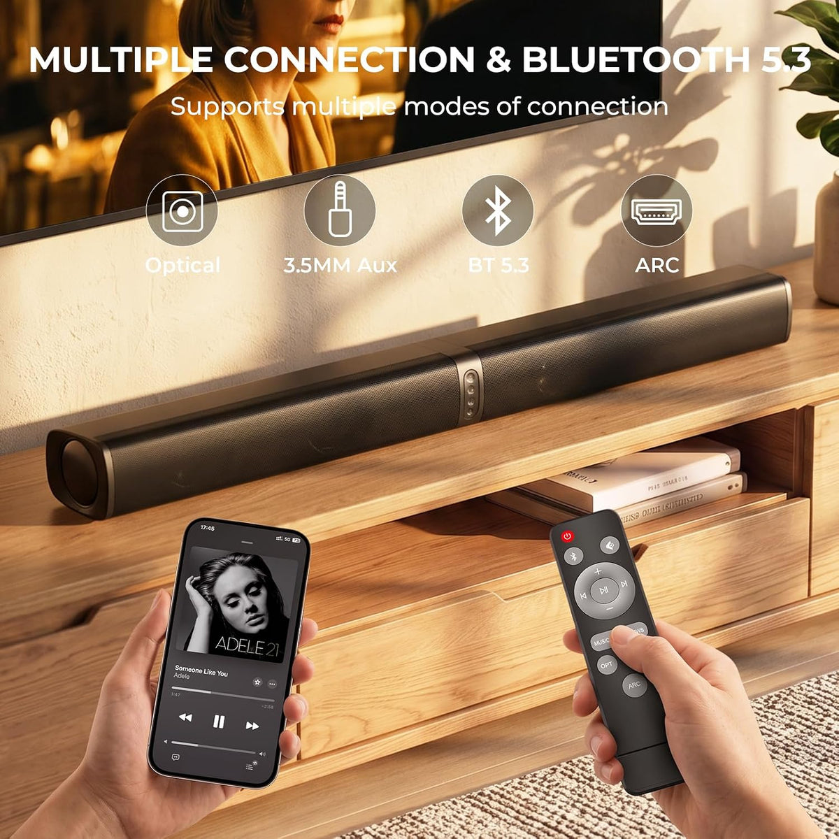 vibeadio Sound Bar for Smart TV, 2-in-1 Detachable Soundbar with Bluetooth ARC/AUX/Optical, 3 EQ Modes, Wall Mountable Home Theater Audio System for TV/PC/Gaming/Projectors & Gifts